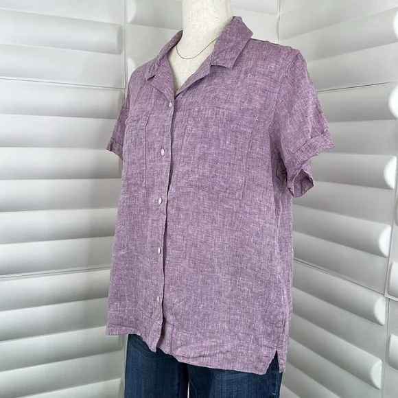 L.L. Bean Purple Linen Short Sleeve Button Down Shirt - Picture 3 of 6